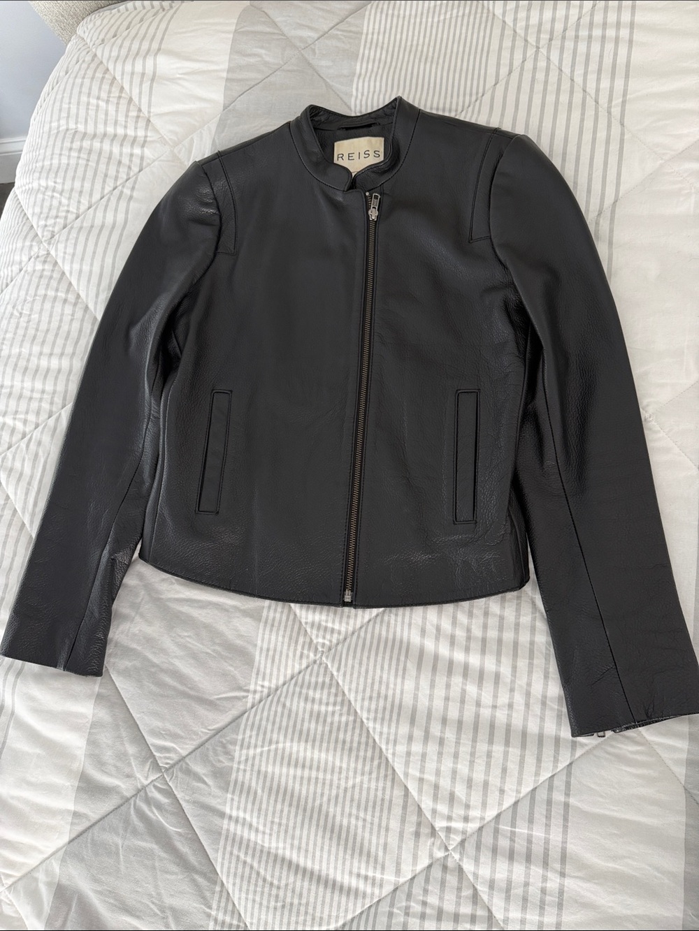 Reiss Black Leather Zip-Front Jacket